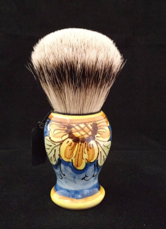 Handcrafted Sicilian Ceramic Silvertip Badger Brush by Zenith. Flower Design. 28mm Knot. P7