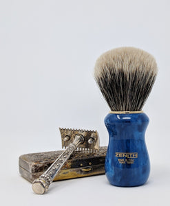 Blue Resin Manchurian 2-Band Brush By Zenith. 26x51mm Knot. Made In Italy M18